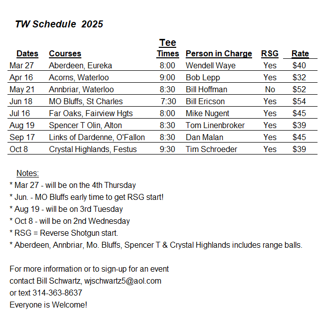 2022 TW Group Schedule